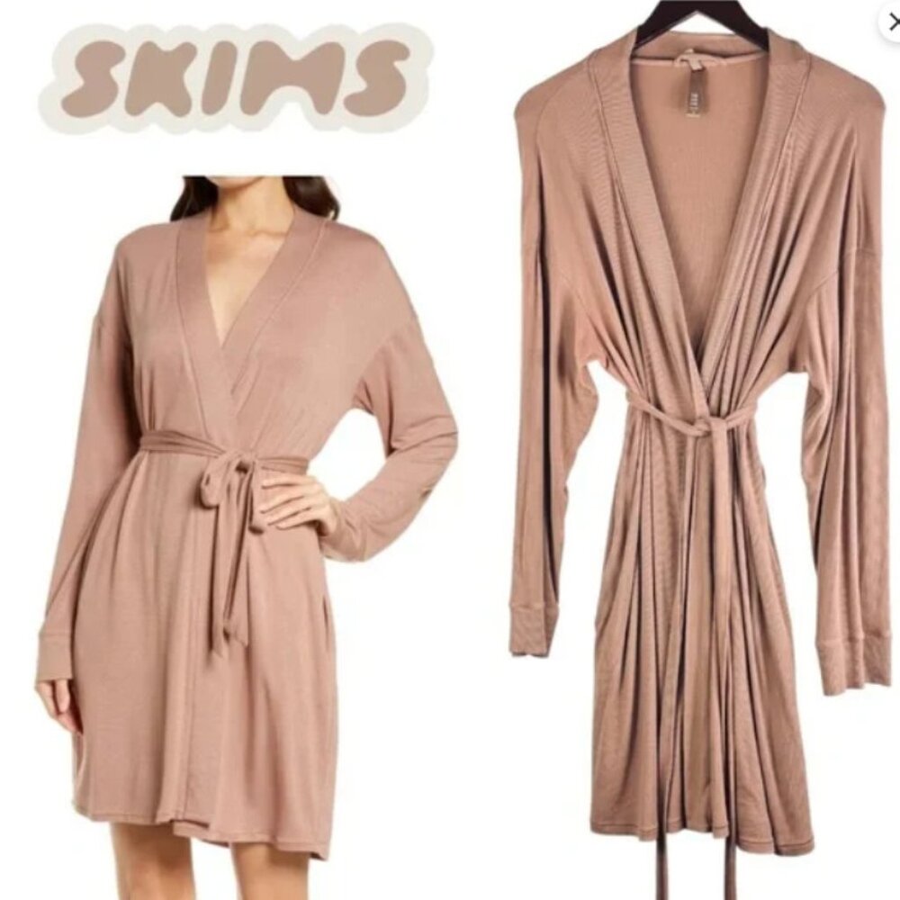 Skims Soft Lounge Sleep Robe Womens Sz L Tan Brown Stretch NWT